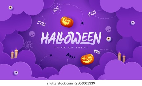 Dark background Halloween banner template, ghostly pumpkin, and spooky elements. Perfect as website background or Halloween themed banner design.