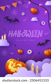 Dark background Halloween poster template, ghostly pumpkin, and spooky elements. Perfect as website background or Halloween themed banner design.