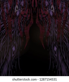 Dark background with hand drawn abstract pattern. Colorful stylised peacock feathers. Fashion illustration. To be used for fabric design, creative banner, print t shirt. 
