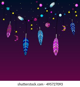 Dark background with hand drawn indian boho feathers and decor. Can be used for t-shirt design, prints, cards, invitations, coloring books.