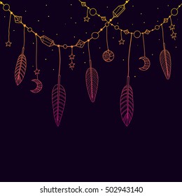 Dark background with hand drawn indian boho feathers and decor. Can be used for t-shirt design, prints, cards, invitations, coloring books.
