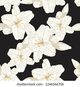 Dark background in hand drawn line sketch lilies flowers seamless pattern, vector for fashion ,fabric, and all prints on black background.