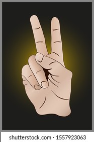 Dark background, hand V sign for victory or peace. The victory sign vector illustration. 