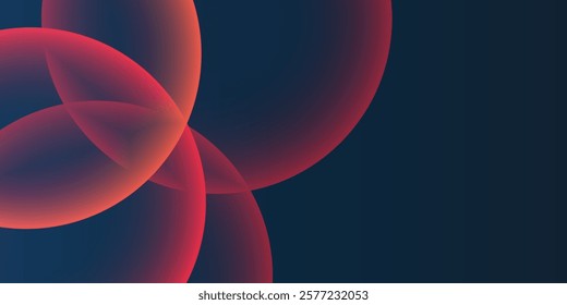 Dark Background, Header or Banner Design with Large Red and Orange Overlaying Globes, Bubbles Pattern - Multi Purpose Creative Wide Scale Template for Web with Copyspace in Editable Vector Format