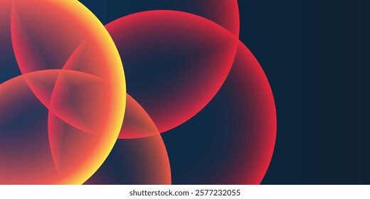 Dark Background, Header or Banner Design with Large Red and Orange Overlaying Globes, Bubbles Pattern - Multi Purpose Creative Wide Scale Template for Web with Copyspace in Editable Vector Format