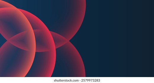 Dark Background, Header or Banner Design with Large Red and Orange Overlaying Globes, Bubbles Pattern - Multi Purpose Creative Wide Scale Template for Web with Copyspace in Editable Vector Format