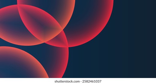 Dark Background, Header or Banner Design with Large Red and Orange Overlaying Globes, Bubbles Pattern - Multi Purpose Creative Wide Scale Template for Web with Copyspace in Editable Vector Format