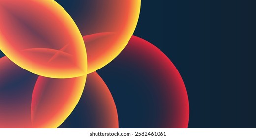 Dark Background, Header or Banner Design with Large Red and Orange Overlaying Globes, Bubbles Pattern - Multi Purpose Creative Wide Scale Template for Web with Copyspace in Editable Vector Format