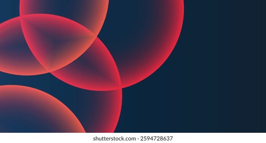 Dark Background, Header or Banner Design with Large Red and Orange Overlaying Globes, Bubbles Pattern - Multi Purpose Creative Wide Scale Template for Web with Copyspace in Editable Vector Format