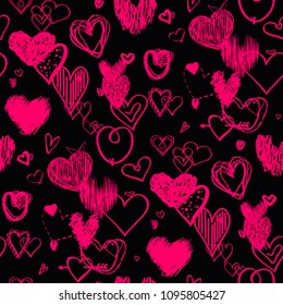 Dark background with hearts. Abstract seamless wallpaper of the surface. Hand drawn love signs. Line art. Print for banners, posters, flyers and textiles