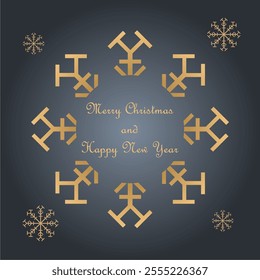 The dark background highlights the gold-colored ornaments in the shape of snowflakes and symmetrically arranged fir trees.