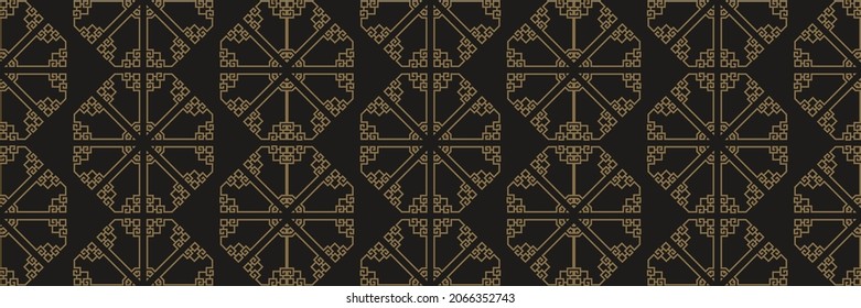 Dark background image with abstract gold ornament on a black background for your design. Seamless background for wallpaper, textures. Vector illustration.