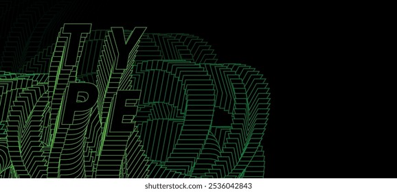 A dark background image with a complex, layered geometric pattern in black lines outlined in bright green