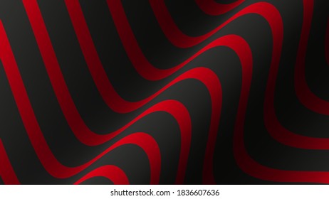Dark background with image of wavy striped fabric with shadows and highlights. Red and black colors.