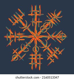 Dark background with ink blots and abstract color brushed symbol. Old norse viking mythology wallpaper with rune symbol. Tattoo sample pattern design