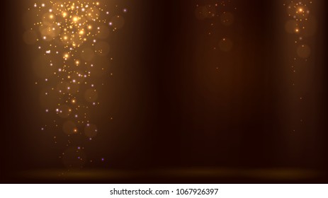Dark background with light rays and falling golden sparkles, shimmering dust