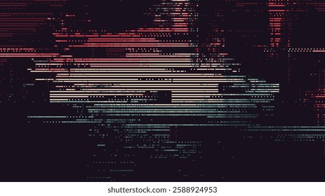A dark background with lines of code and digital data. A digital glitch art. pixel art vector graphics. tech themed vector illustration or wallpaper.