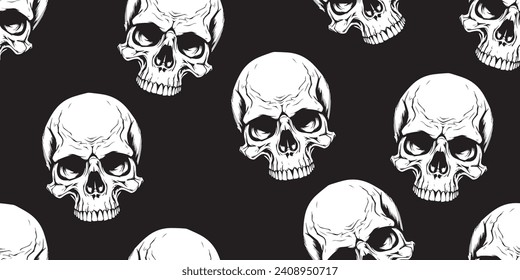 Dark background made of stylish skulls. Painted skulls peek out from the darkness. For prints, pillows, cups, notepads, clothing, seamless materials.