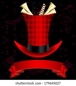 dark background, magic top-hat and golden fanfare