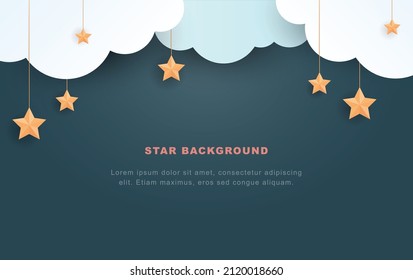 Dark background of midnight stars and clouds. Paper cut of clouds and stars. 