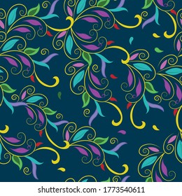 dark background multicolored vector flowers and leafs flow seamless pattern background. Good use for any type of fabrics, wallpapers, home decor items etc.