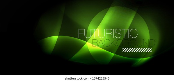 Dark background with neon color waves, vector design template