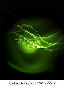 Dark background with neon color waves, vector design template