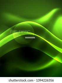 Dark background with neon color waves, vector design template