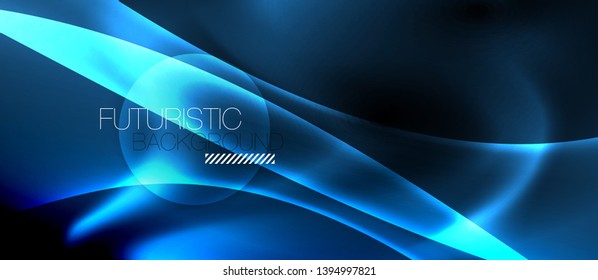 Dark background with neon color waves, vector design template