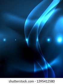 Fondo oscuro con ondas de color neón, plantilla de diseño vectorial