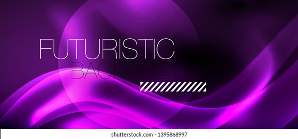 Dark background with neon color waves, vector design template