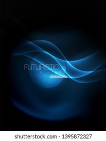 Dark background with neon color waves, vector design template
