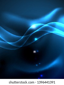 Fondo oscuro con ondas de color neón, plantilla de diseño vectorial