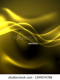 Dark background with neon color waves, vector design template