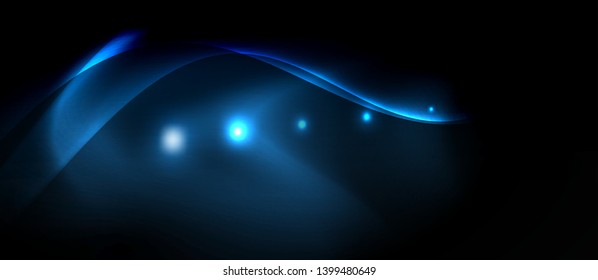 Dark background with neon color waves, vector design template