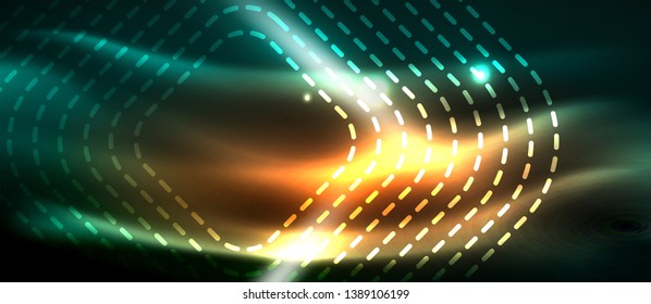 Dark background with neon glowing elements, shiny motion concept, vector