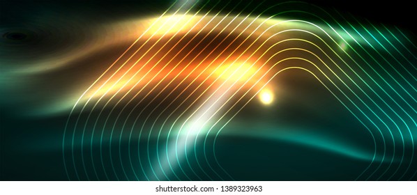 Fondo oscuro con elementos neones brillantes, concepto de movimiento brillante, vector