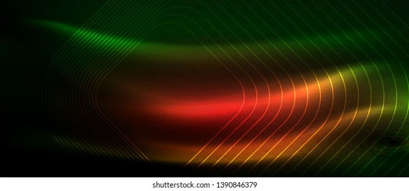 Dunkler Hintergrund mit neonfarbigen Elementen, glänzendes Motion-Konzept, Vektorgrafik