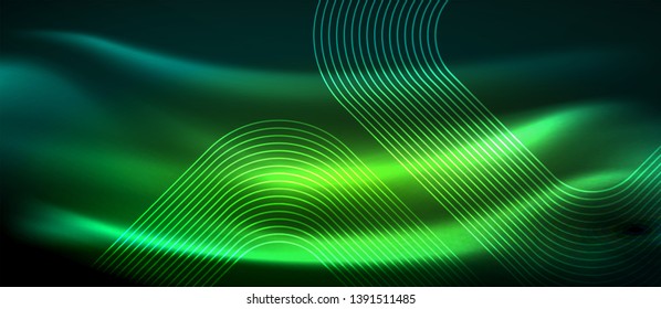 Dark background with neon glowing elements, shiny motion concept, vector