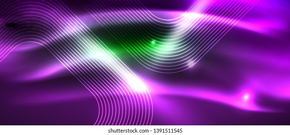 Dark background with neon glowing elements, shiny motion concept, vector