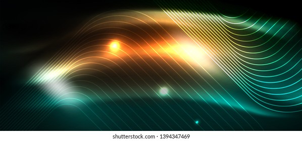 Dark background with neon glowing elements, shiny motion concept, vector