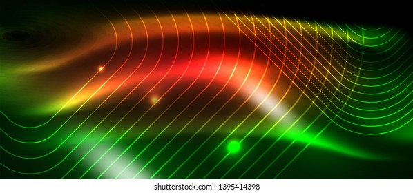 Dunkler Hintergrund mit neonfarbigen Elementen, glänzendes Motion-Konzept, Vektorgrafik