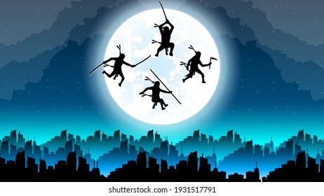 Dark Background Ninja Moon City Person Silhouette Clouds Sky People Night Vector Design Style