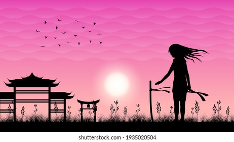 Dark Background Ninja Moon Grass Person Silhouette Sky People Vector Design Style