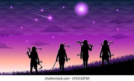 Dark Background Ninja Moon Person Silhouette Clouds Sky People Night Vector Design Style