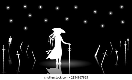 Dark Background Ninja Person Silhouette Swords People Night Vector Design Style
