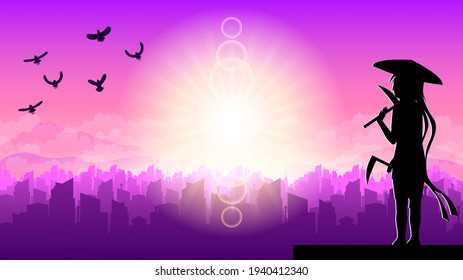 Dark Background Ninja Sun City Person Silhouette Bird Clouds Sky People Vector Design Style