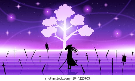 Dark Background Ninja Tree Person Silhouette On Battlefield Water People Night Vector Design Style