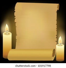 Dark background with old paper and candles