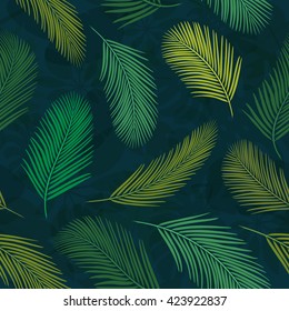 Dark background with palm leaves. Seamless pattern for web, print, wallpaper, wrapping, packaging design, scrapbook, spring summer fashion fabric, textile design.